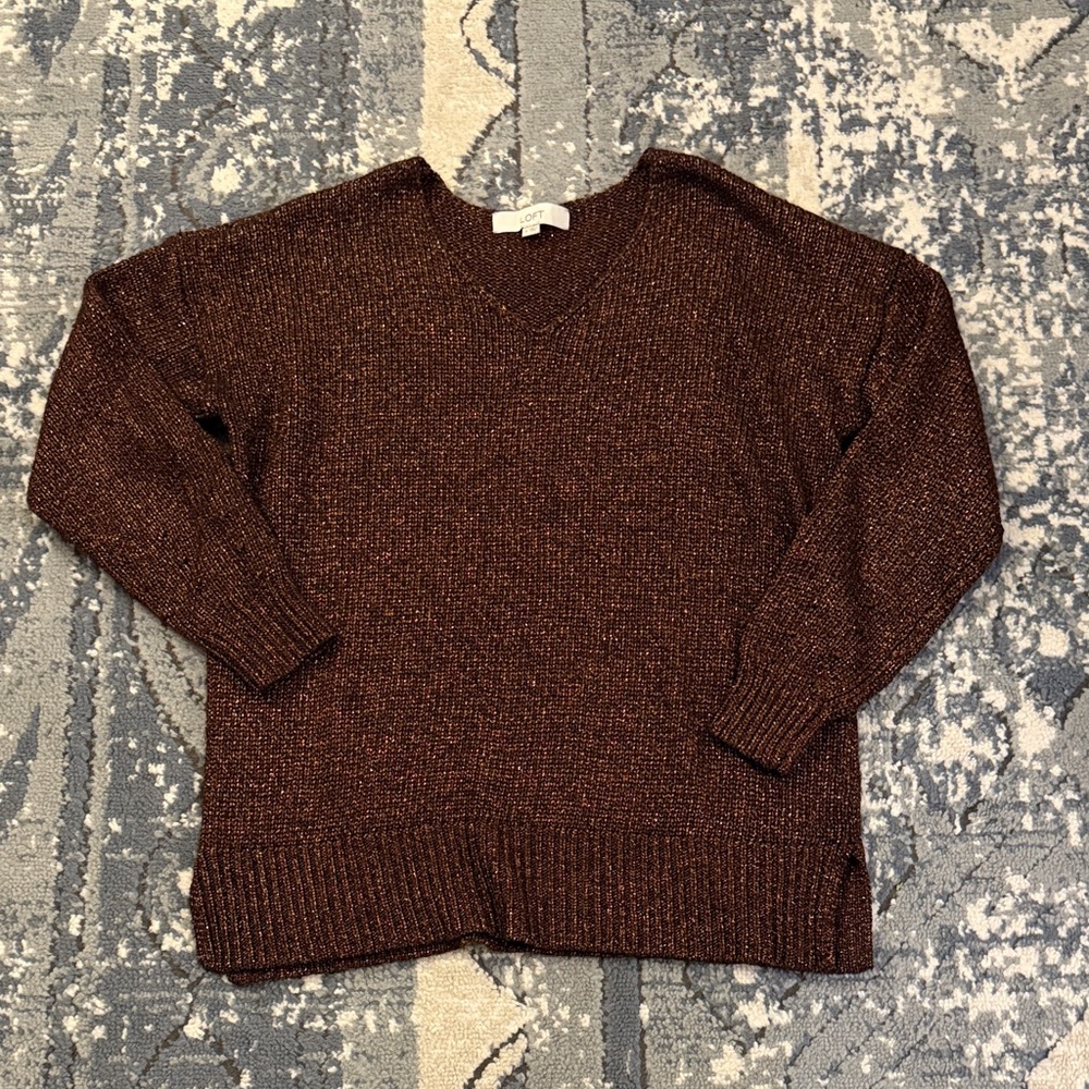 LOFT V-Neck Sweater - Purple with Copper metallic thread